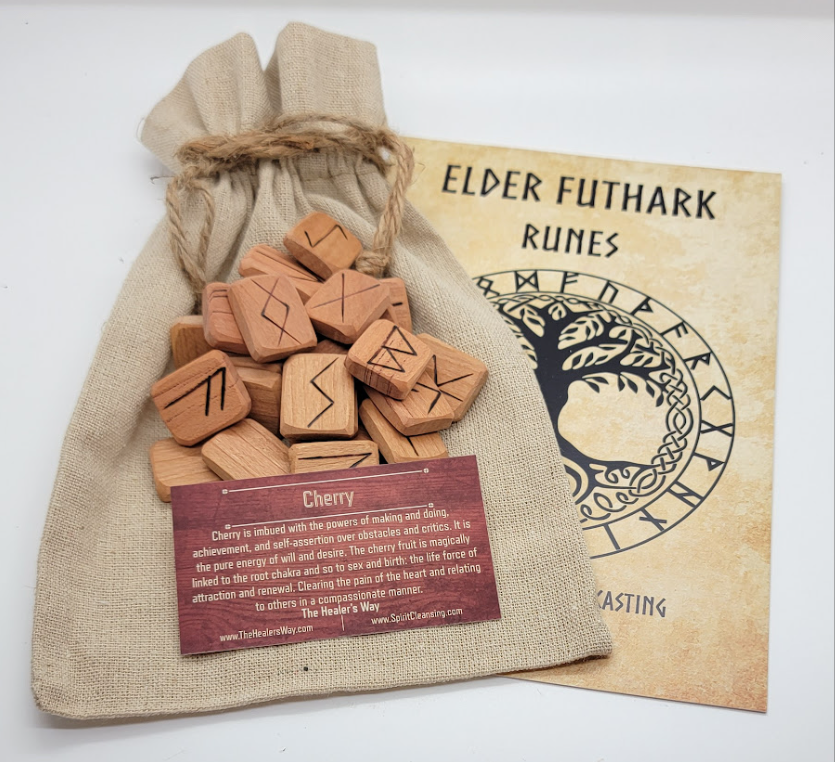 Wooden Runes Set Cherry with Carved Elder Furthark Alphabet Viking Runes for Divination and Healing… (Cherry)