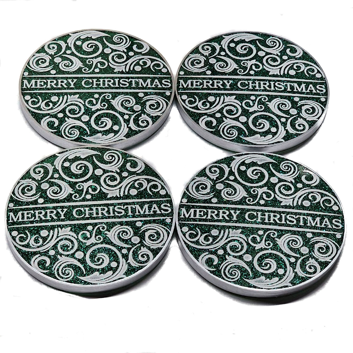 Contemporary Holiday Christmas Coasters Resin Coasters Set of 4 Suitable for Cold Drinks Wine Mugs Cups Holidays, Parties, or Special Occasions (Green and White)