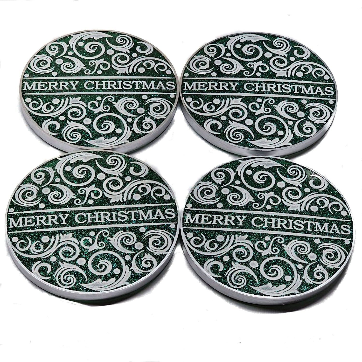 Contemporary Holiday Christmas Coasters Resin Coasters Set of 4 Suitable for Cold Drinks Wine Mugs Cups Holidays, Parties, or Special Occasions (Green and White)