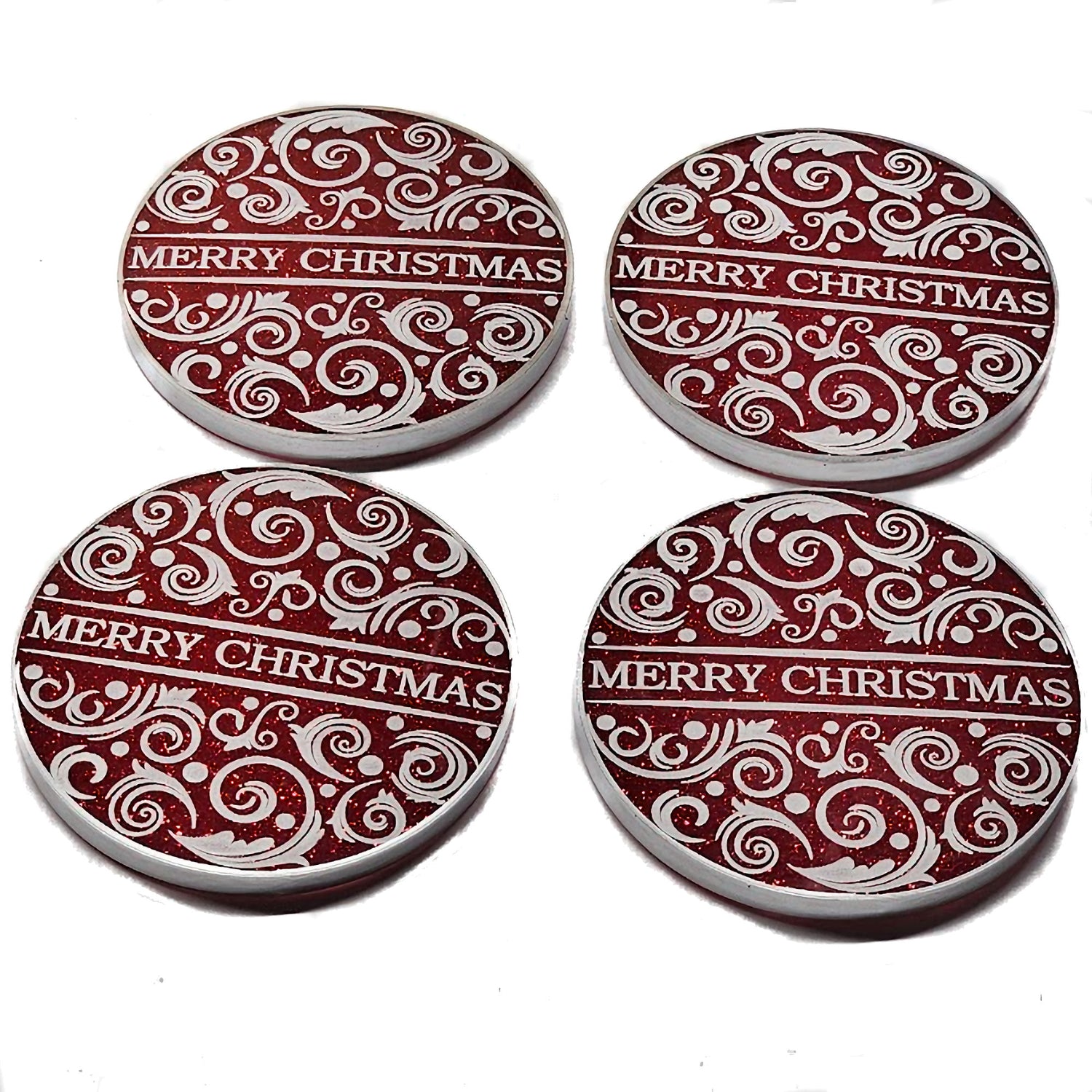 Contemporary Holiday Christmas Coasters Resin Coasters Set of 4 Suitable for Cold Drinks Wine Mugs Cups Holidays, Parties, or Special Occasions (Red and White)