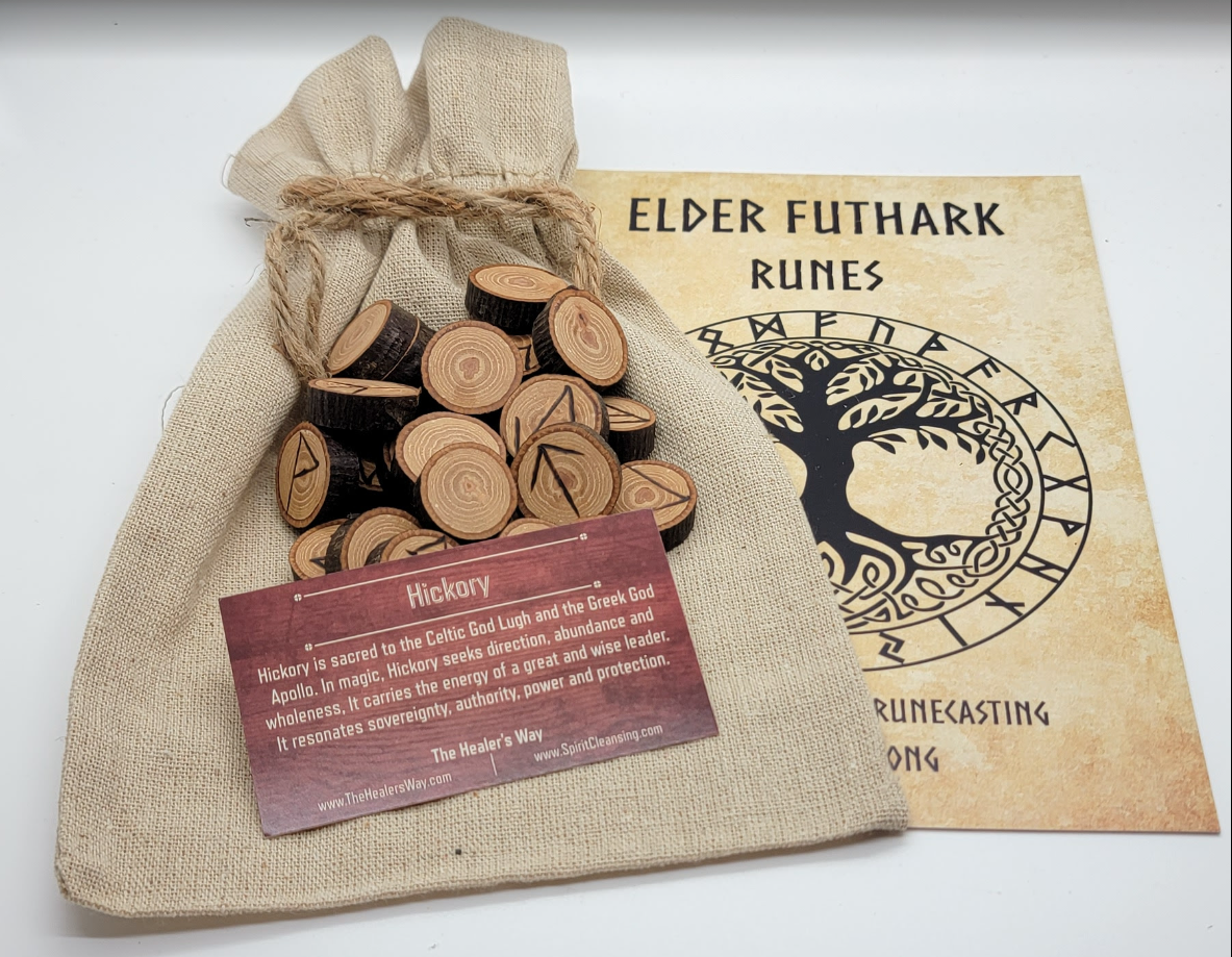 Wooden Runes Set Hickory Round with Booklet Carved Elder Furthark Alphabet Viking Runes for Divination and Healing… (Hickory Round)