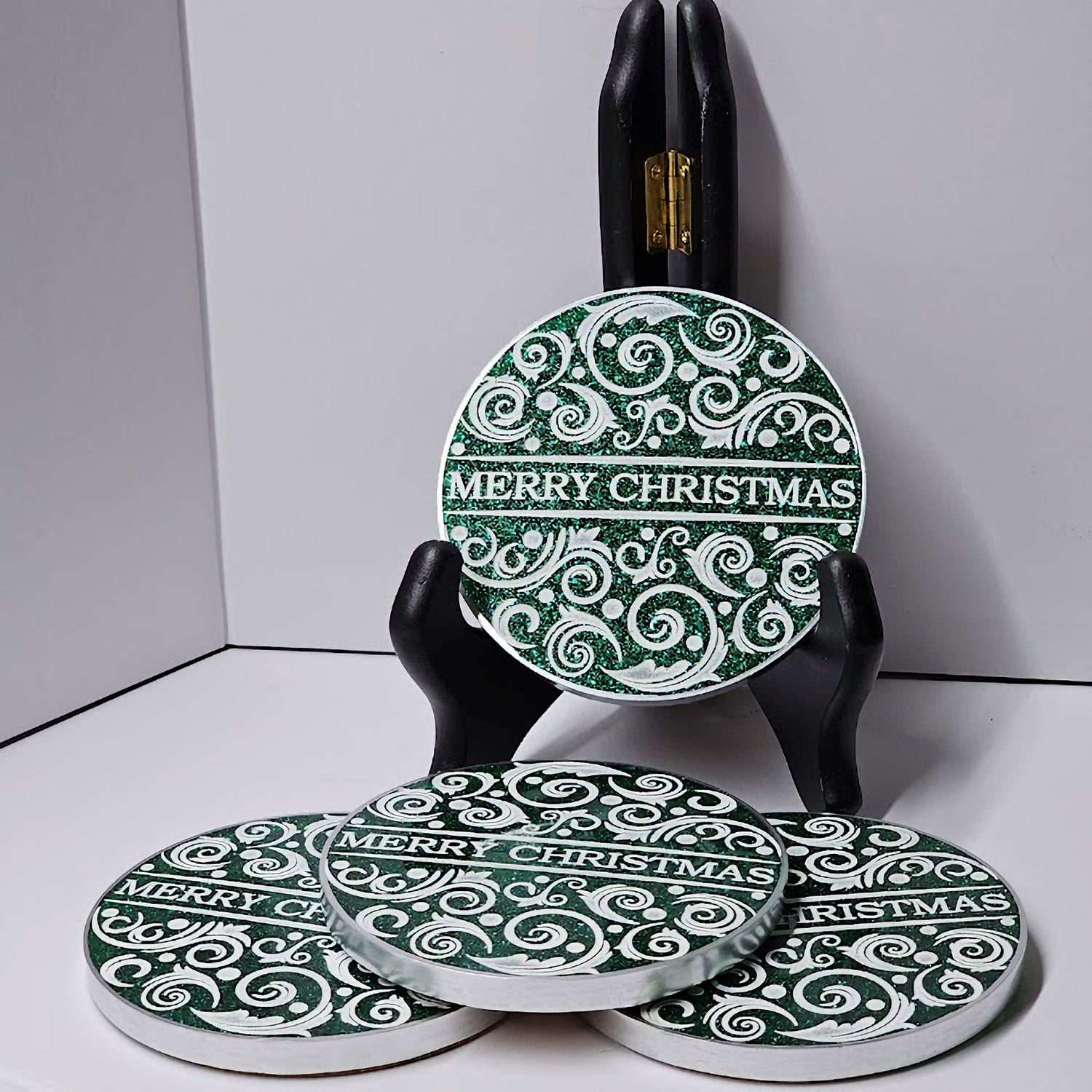 Contemporary Holiday Christmas Coasters Resin Coasters Set of 4 Suitable for Cold Drinks Wine Mugs Cups Holidays, Parties, or Special Occasions (Green and White)