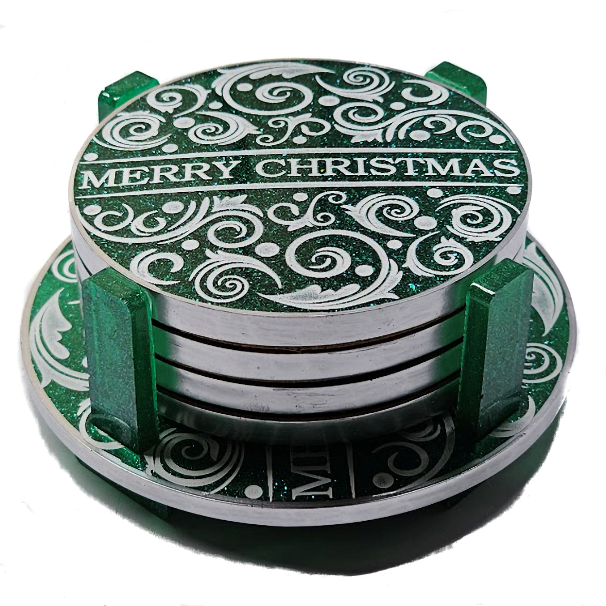 Contemporary Holiday Christmas Coasters Resin Coasters Set of 4 Suitable for Cold Drinks Wine Mugs Cups Holidays, Parties, or Special Occasions (Green and White)