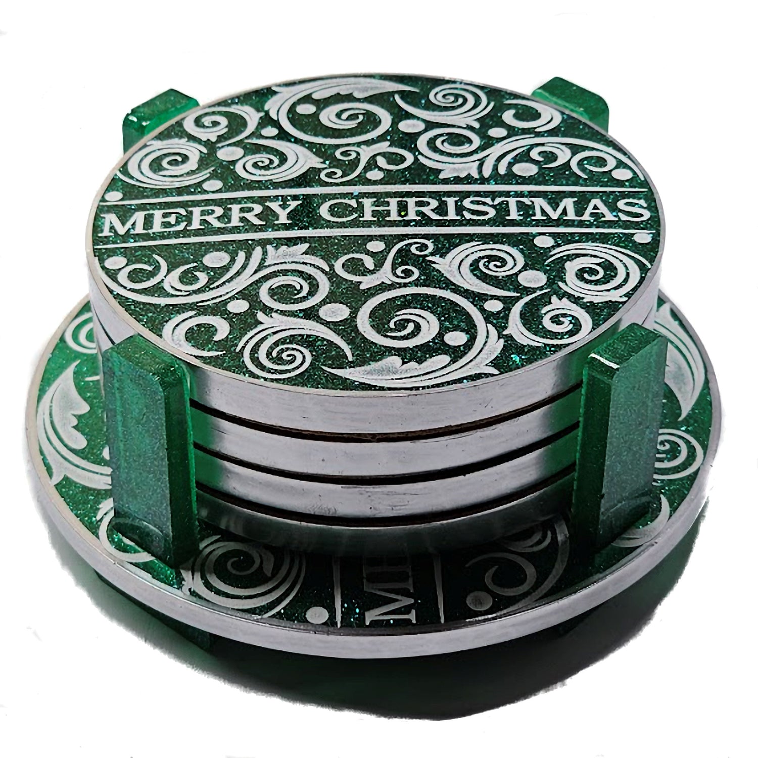Contemporary Holiday Christmas Coasters Resin Coasters Set of 4 Suitable for Cold Drinks Wine Mugs Cups Holidays, Parties, or Special Occasions (Green and White)