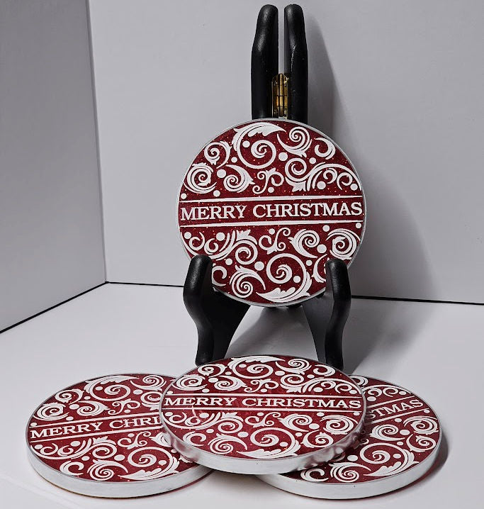 Contemporary Holiday Christmas Coasters Resin Coasters Set of 4 Suitable for Cold Drinks Wine Mugs Cups Holidays, Parties, or Special Occasions (Red and White)