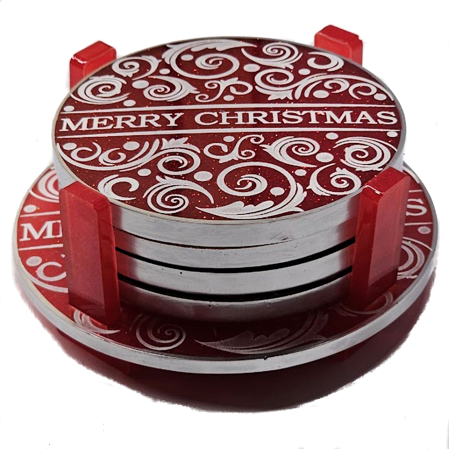 Contemporary Holiday Christmas Coasters Resin Coasters Set of 4 Suitable for Cold Drinks Wine Mugs Cups Holidays, Parties, or Special Occasions (Red and White)