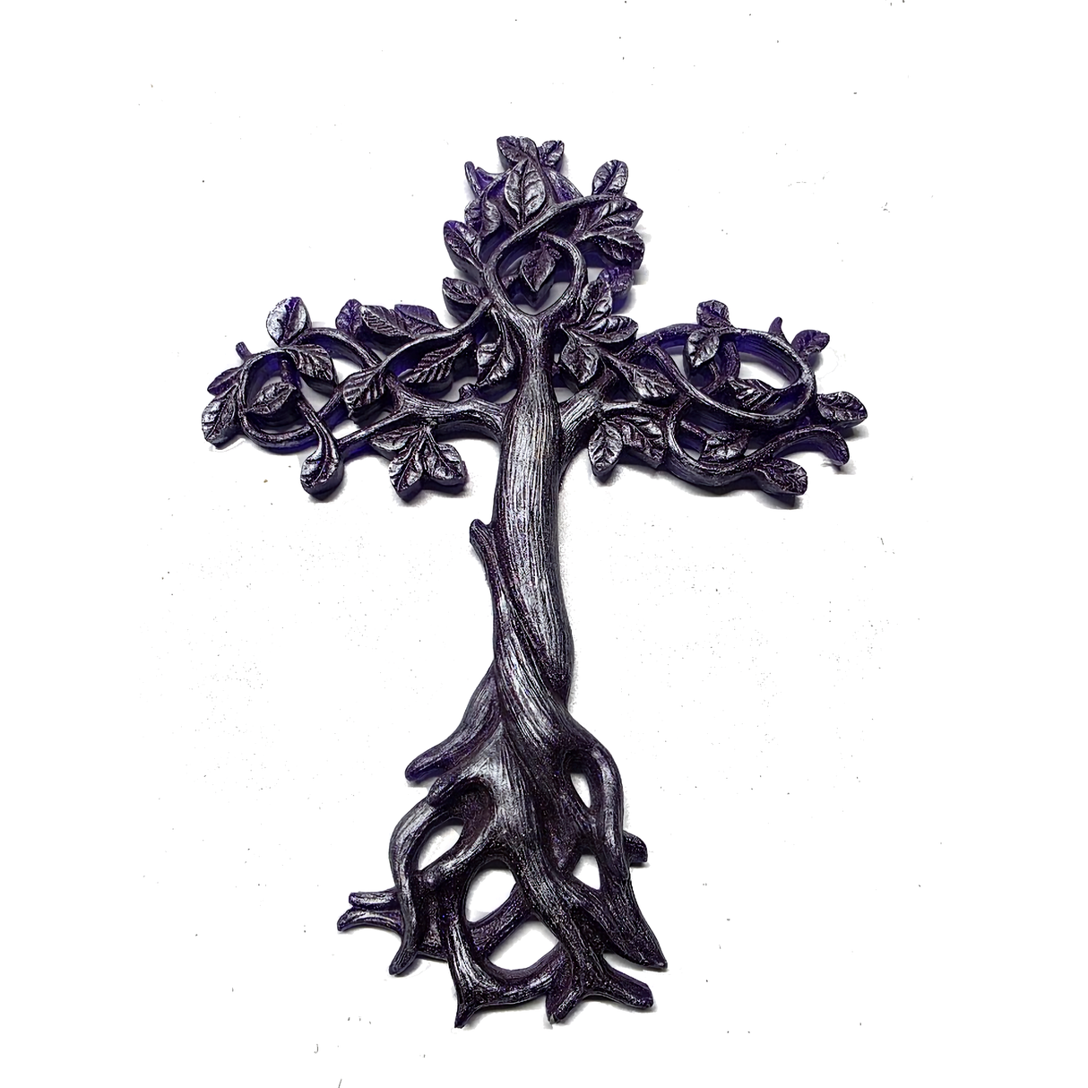Tree of Life Cross Wall Plaque 11 5/8 Inches Decorative Spiritual Celtic Garden Art Sculpture (Purple Silver)